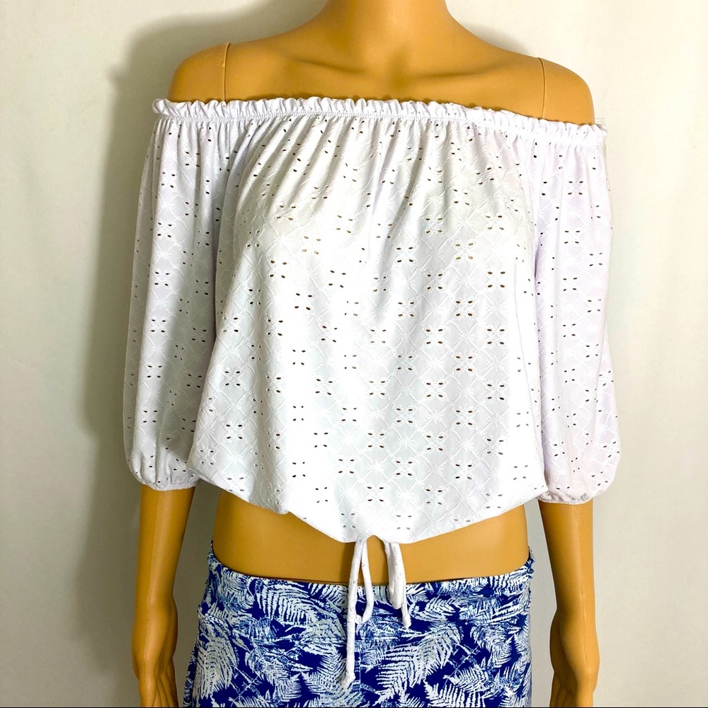 Juniors Large White Off-Shoulder Top with Drawstring
